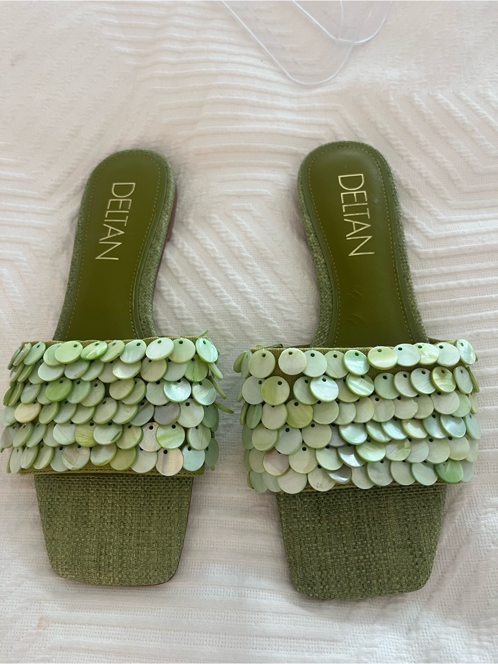 Deltan Green Flora Linen Pearl Disc Ornamented Flat Slide Sandals